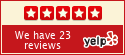 I0y0mzeoZI3Nmmeo4CWbzw A Yelp badge displays five red stars and text stating "We have 23 reviews" with the Yelp logo on a red background.