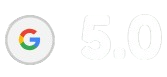 Google logo next to a bold "5.0" rating, indicating a perfect score, on a transparent background.