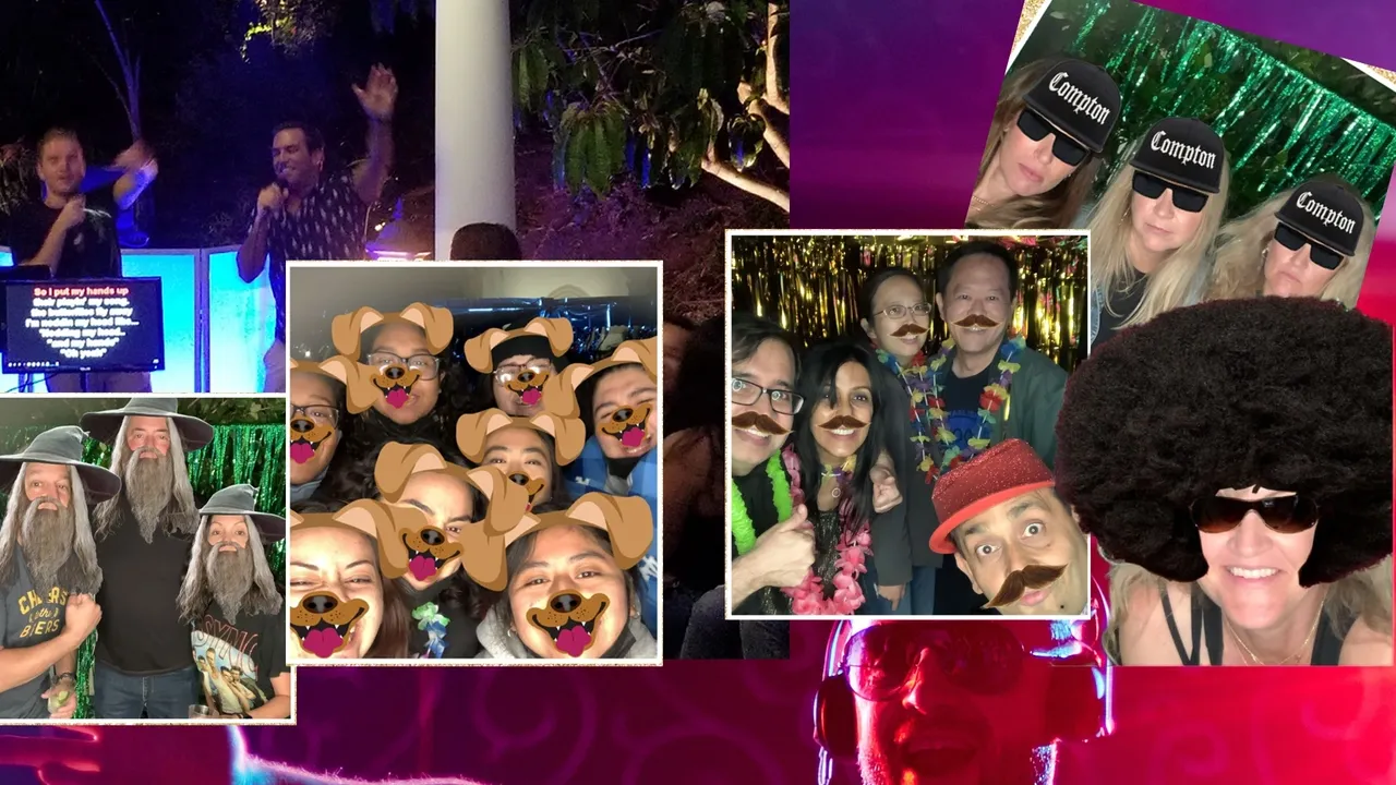 rs=w_1280,h_847 A collage of people at a party, some singing karaoke, some wearing costume hats, glasses, and fake mustaches, and others using a dog filter effect.