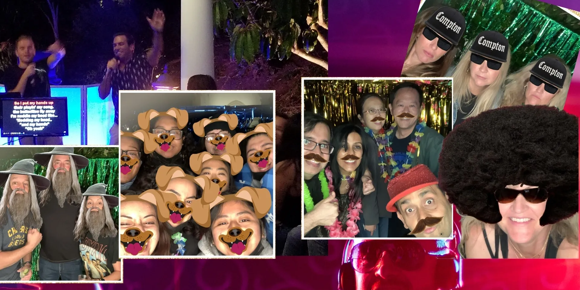 banner Mr Dj Services photo booth A collage of people at a fj party using photo booth props and playful photo filters, including hats, wigs, fake mustaches, and dog face effects.