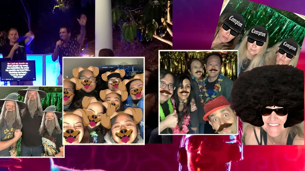 Collage of people at a party wearing playful filters and props like sunglasses, wigs, and hats. Some are singing karaoke or posing with animal face filters.