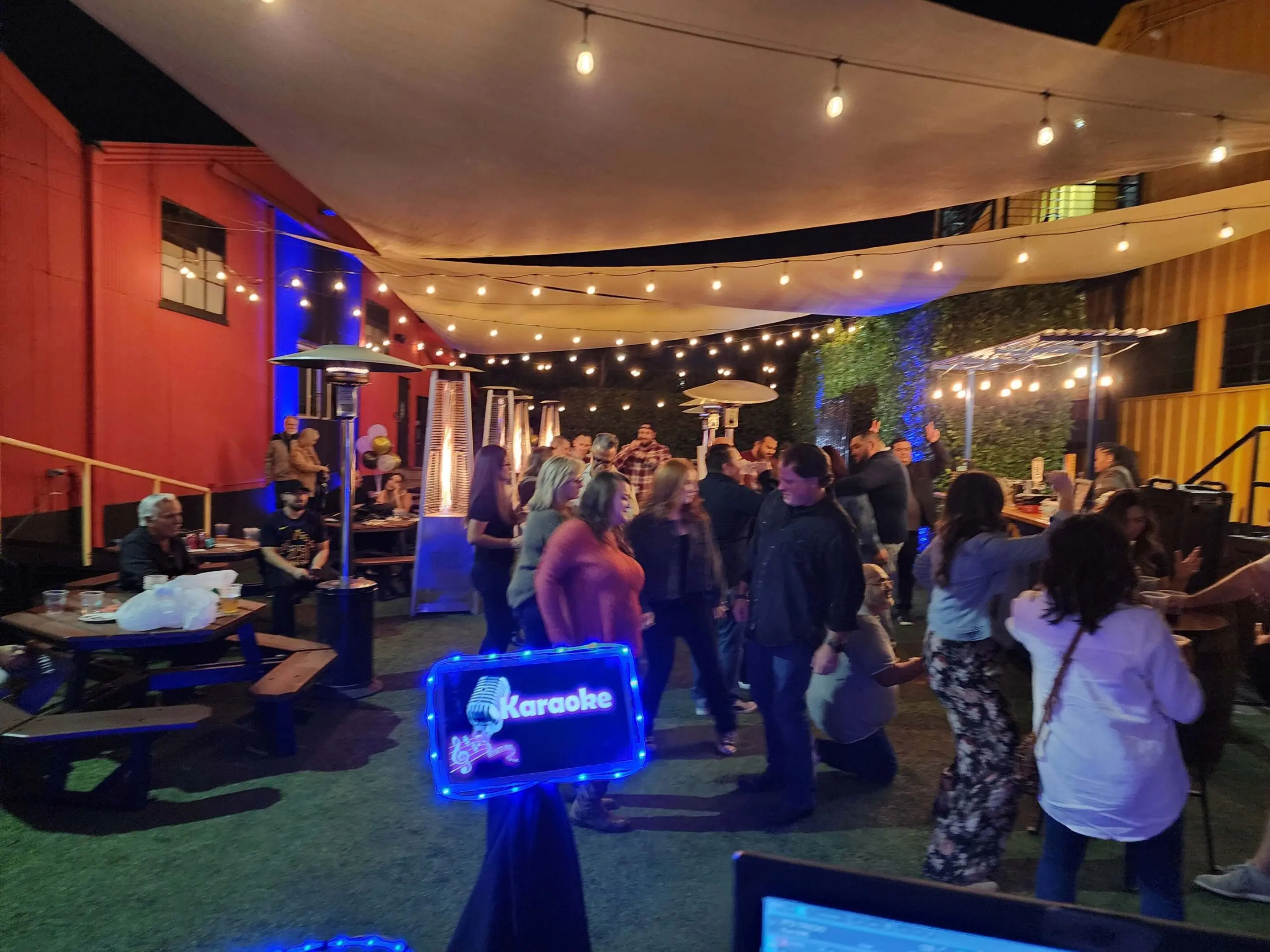 Mr Dj Services People gather outdoors under string lights and canopy for a nighttime karaoke event; some are seated at picnic tables, others stand and socialize.