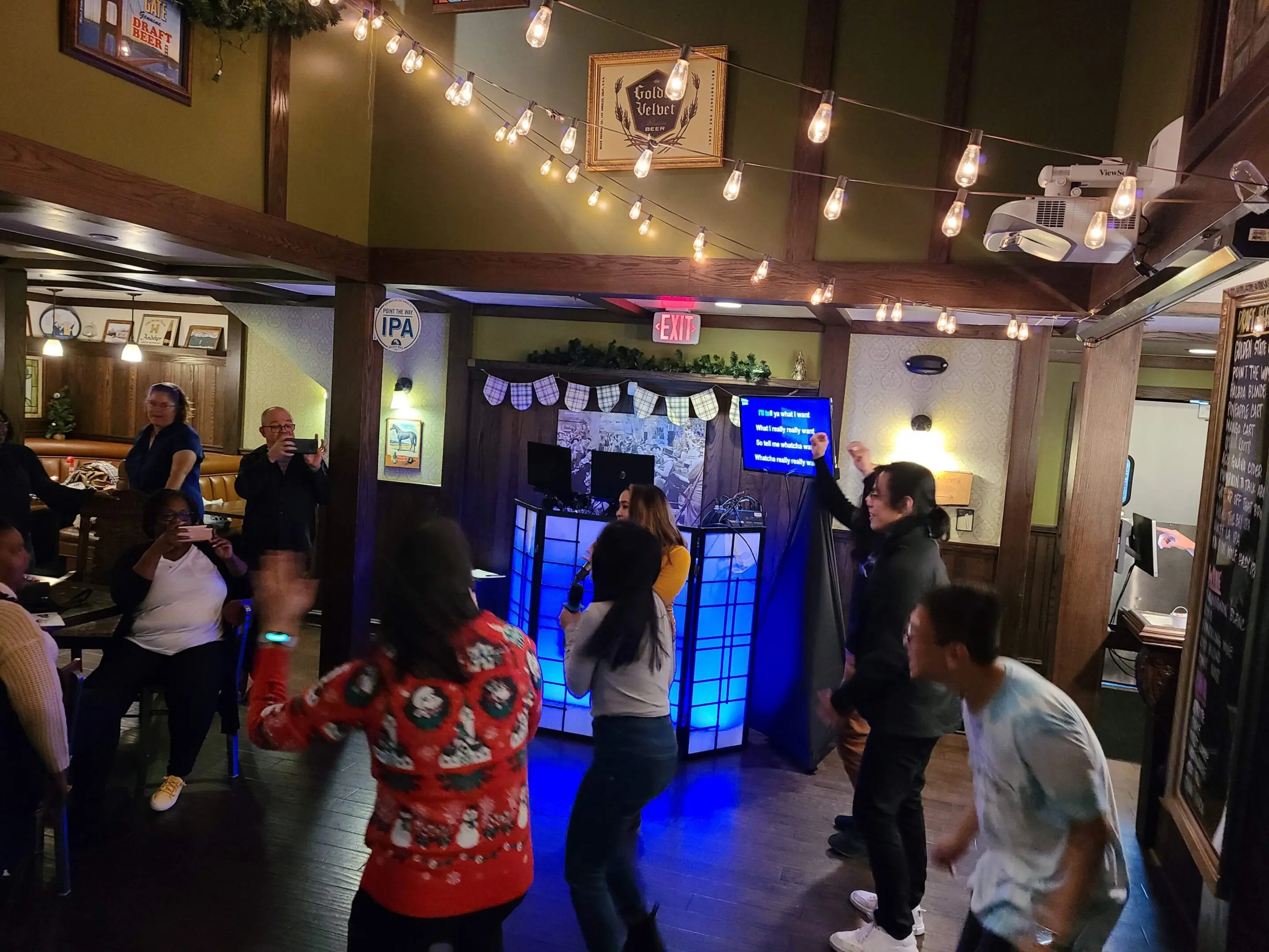 People sing and dance in a lively bar during a karaoke night, with a karaoke DJ at the booth and song lyrics displayed on a screen in the background.