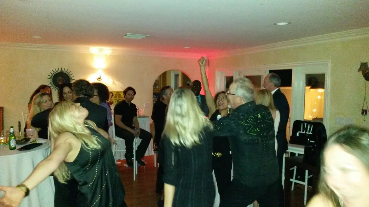 party dj, karaoke dj, A group of people dance and socialize in a dimly lit room at a party; drinks are visible on a nearby table.