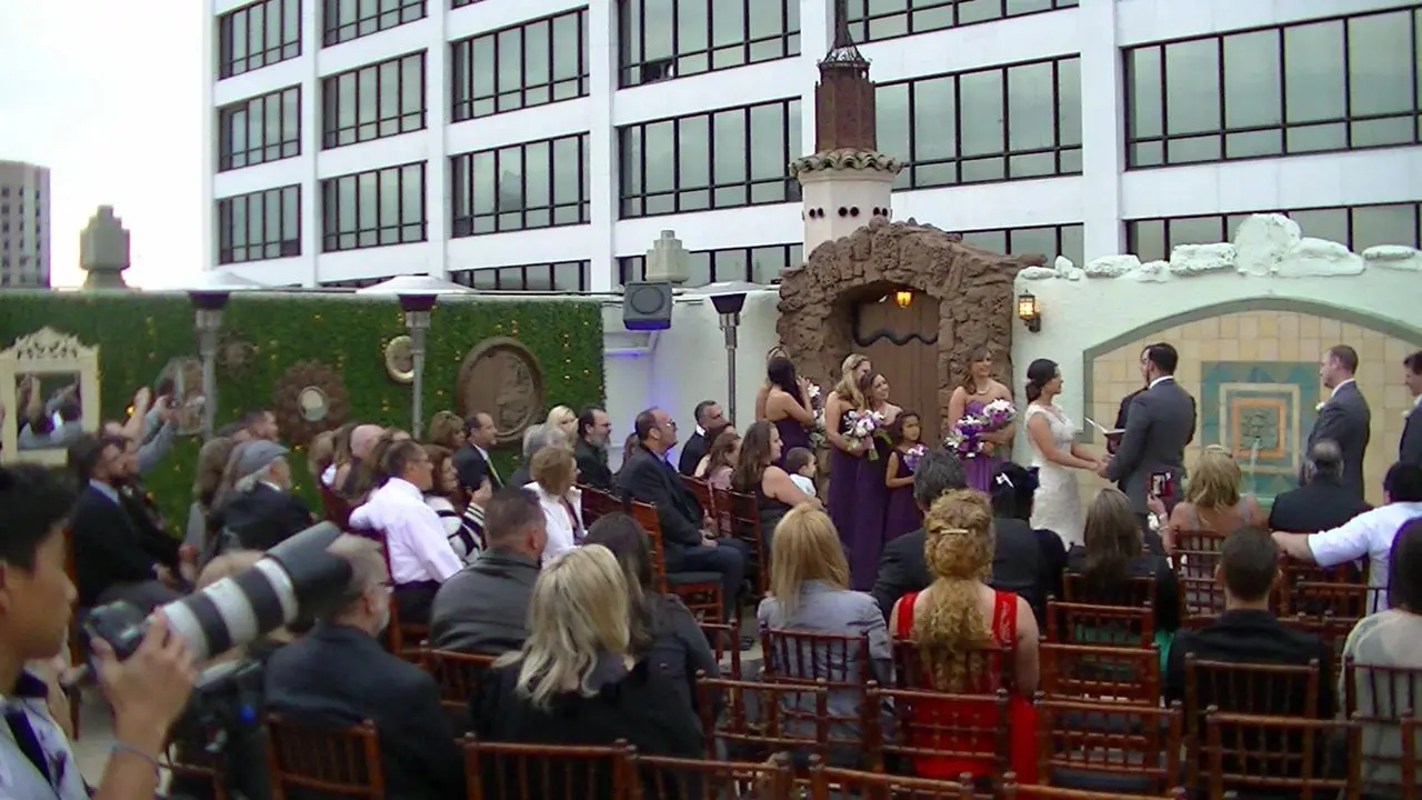Mr Dj Services - Weddings A wedding ceremony is taking place outdoors with guests seated, bridesmaids standing, and the couple facing the officiant in front of a decorative backdrop.