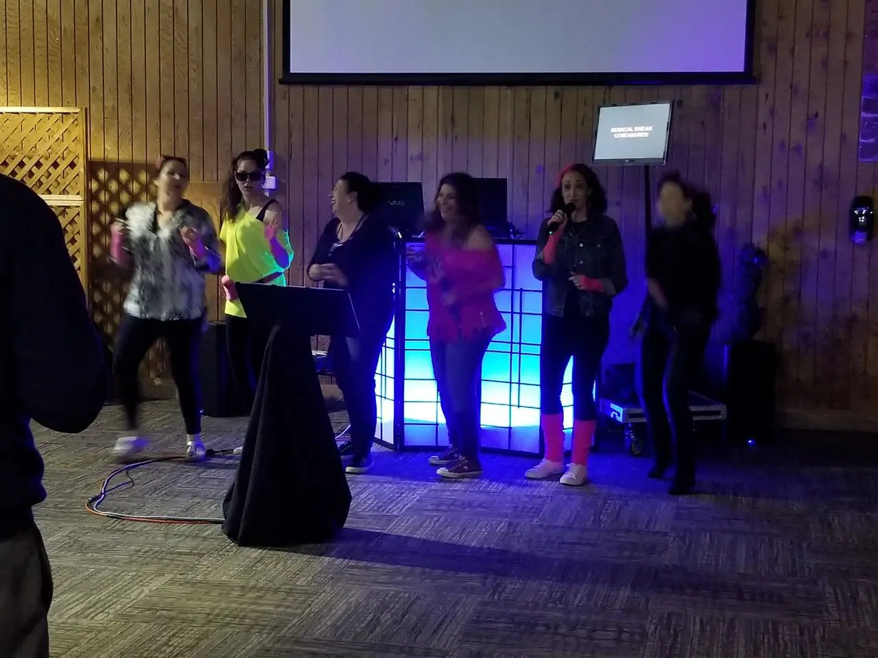 Mr Dj Services Six people are singing and dancing on a stage in front of a lighted DJ booth and a karaoke screen in a wood-paneled room.
