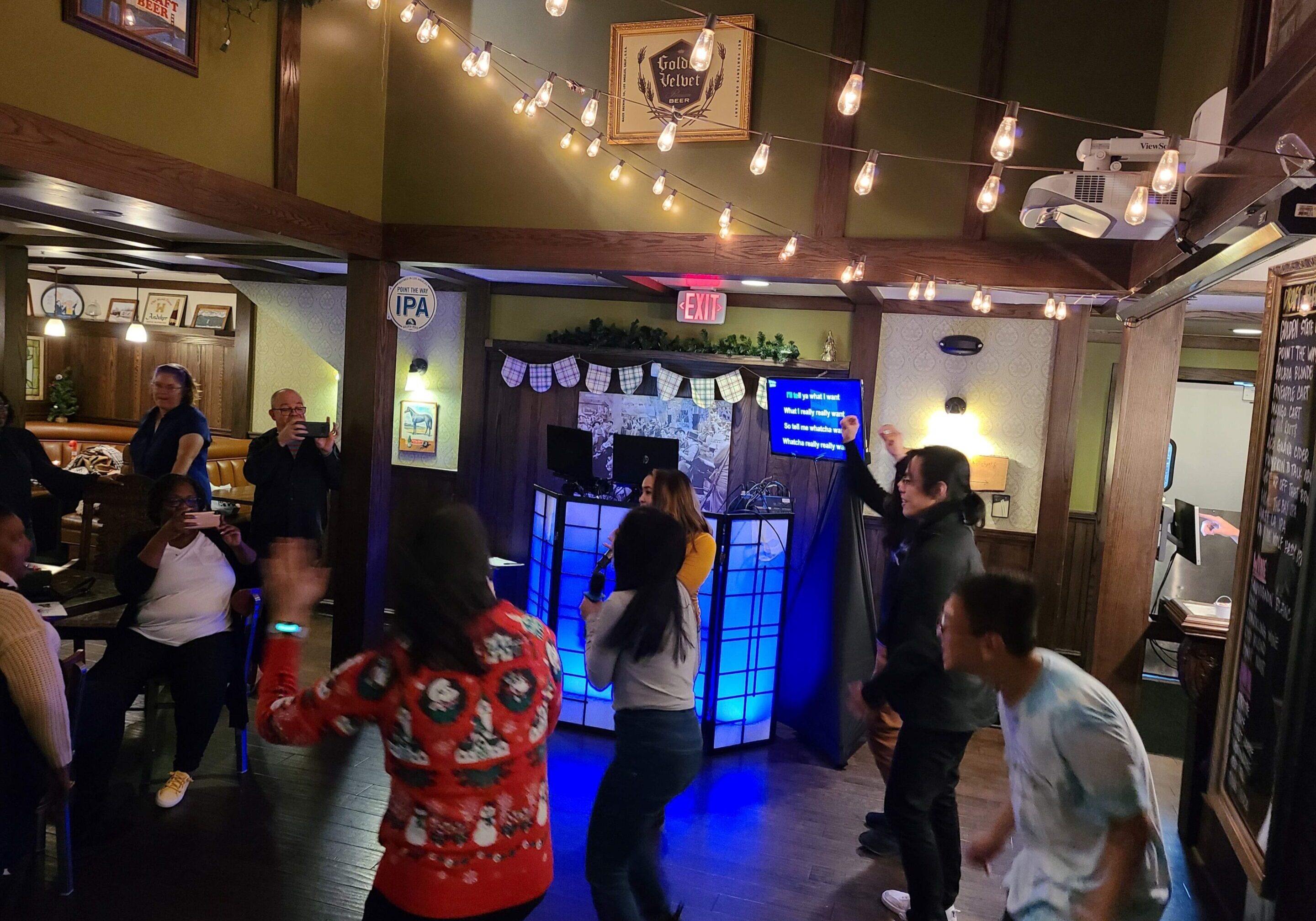 People sing and dance in a lively bar during a karaoke night, with a karaoke DJ at the booth and song lyrics displayed on a screen in the background.